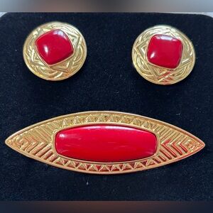 Monet Vintage Red Enamel Oval Egyptian Brooch & Earring Set